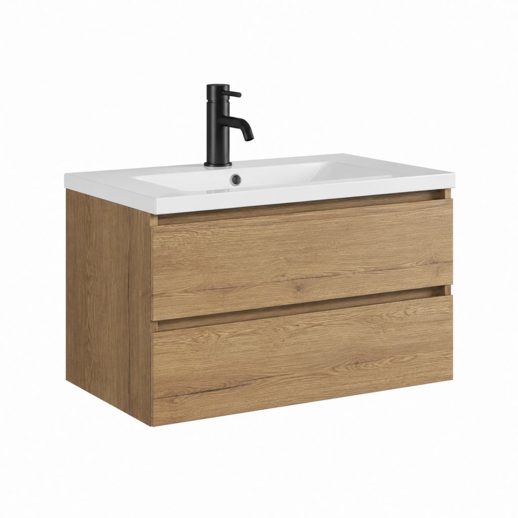 Meuble vasque suspendu chêne naturel en MDF mélaminé avec lavabo rectangulaire en céramique 80 x 46 x 55 cm