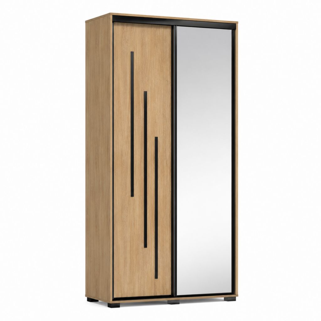 Armoire penderie 2 portes coulissantes chêne clair et noir avec miroir 120 x 60 x 200 cm