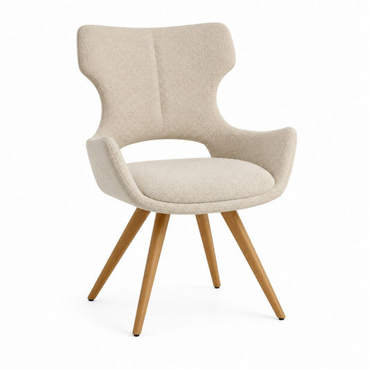 Chaise de salle à manger avec accoudoirs beige en tissu bouclette polyester et pieds en bois massif 60 x 62 x 86 cm