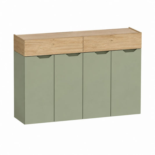 Meuble à chaussures 4 portes 2 tiroirs vert sauge et chêne 120 x 40 x 100 cm