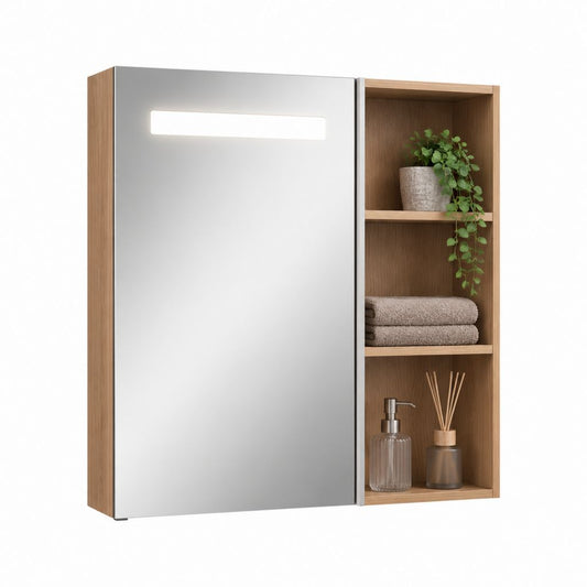 Armoire de salle de bain murale avec miroir LED chêne clair MDF rectangulaire 60 x 80 x 15 cm