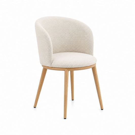 Chaise de salle à manger beige en polyester bouclé à dossier arrondi pieds en hévéa massif 55 x 60 x 82 cm