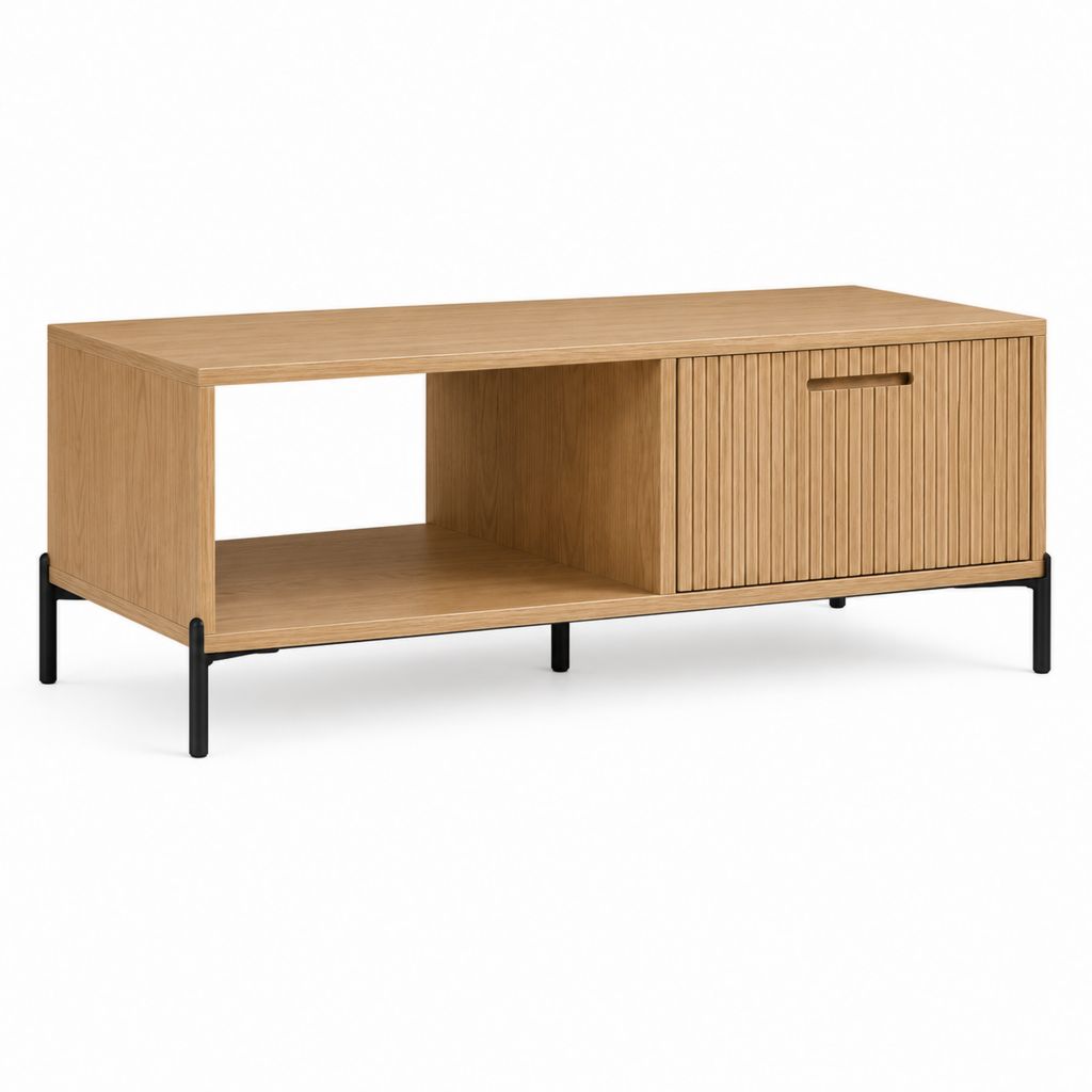 Table basse rectangulaire avec rangement chêne naturel et noir en MDF plaqué chêne et acier 120 x 60 x 45 cm