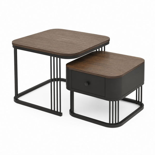 Lot de 2 tables basses gigognes rectangulaires brun foncé et noir en MDF et acier 60 x 40 x 50 cm et 50 x 35 x 40 cm