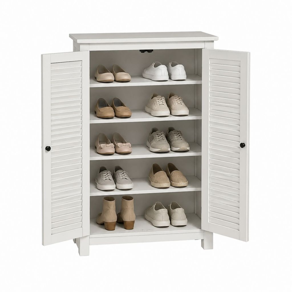 Armoire à chaussures blanche en MDF avec 2 portes persiennes 80 x 35 x 110 cm