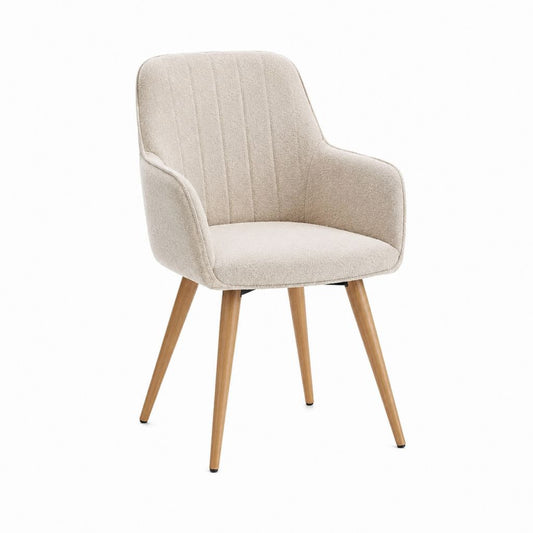 Chaise de salle à manger avec accoudoirs beige en polyester bouclette et pieds en bois massif 84 x 59 x 61 cm