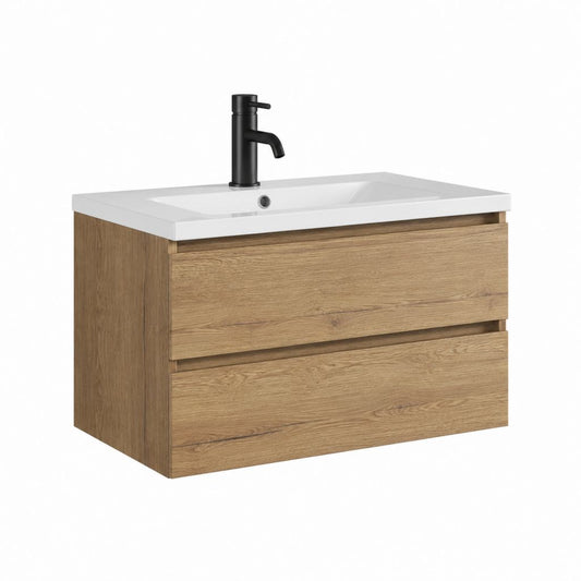 Meuble vasque suspendu chêne naturel en MDF mélaminé avec lavabo rectangulaire en céramique 80 x 46 x 55 cm