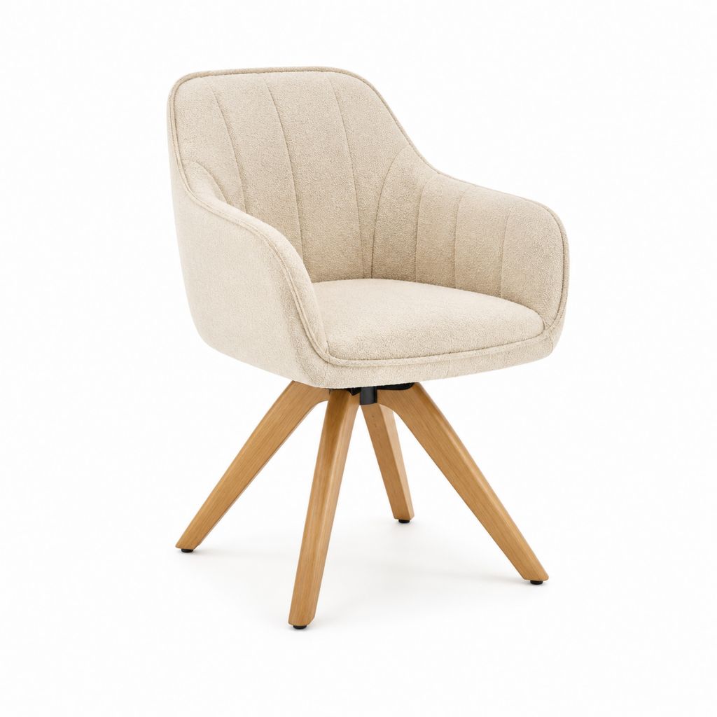 Chaise de salle à manger pivotante beige en polyester bouclette avec pieds en bois massif 60 x 60 x 85 cm