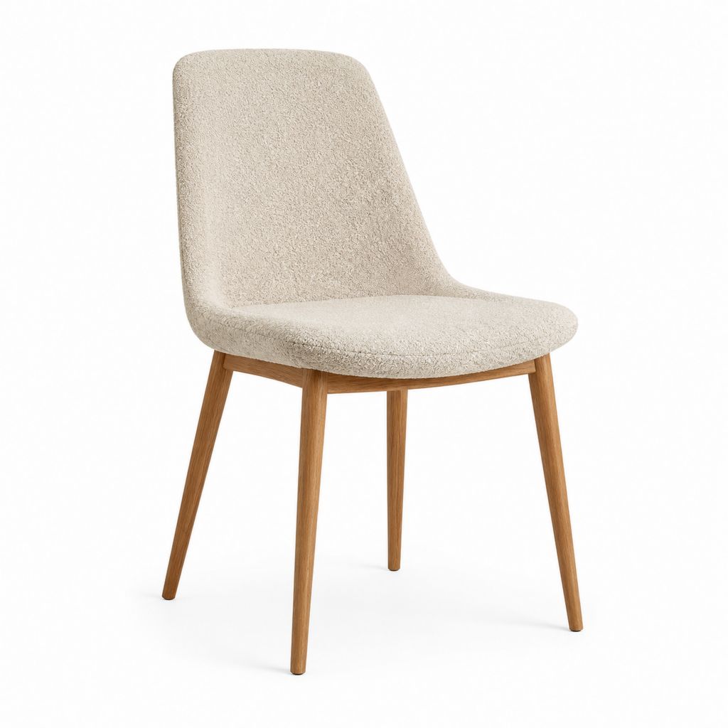 Chaise de salle à manger beige en polyester bouclette avec pieds en chêne massif 48 x 57 x 82 cm