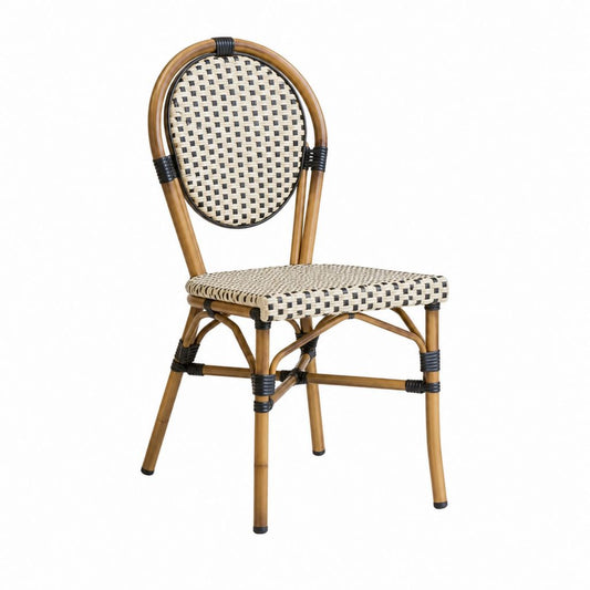 Chaise de salle à manger bistrot en rotin brun et polyéthylène tressé beige noir dossier ovale 46 x 56 x 88 cm